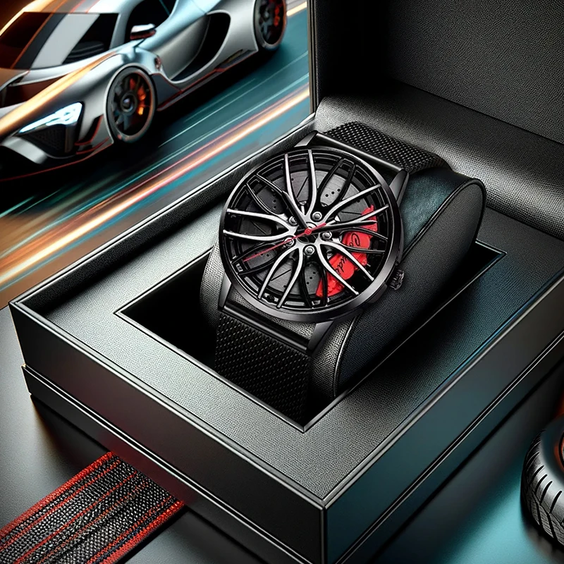 黒と赤のトレンディでスタイリッシュ、そして実用的なメンズクォーツ時計。黒のメッシュバンドが付いています。