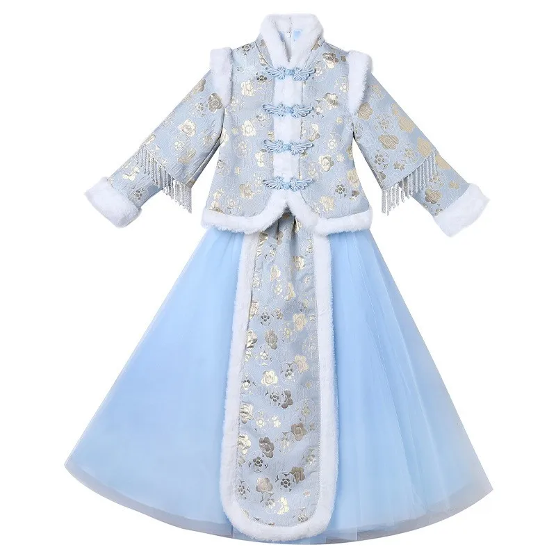 2022 Winter New Kids Embroider Hanfu Dresses Girls Chinese New Year Clothing Flower Girl Dress For Chinese Wedding Evening