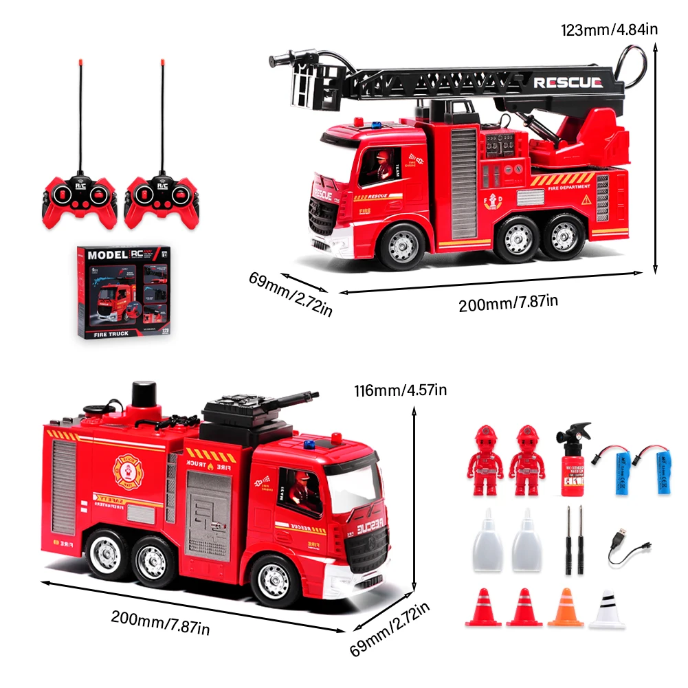 2 em 1 conjunto de controle remoto caminhão de bombeiros brinquedo engenharia veículo de construção com escada resgate alarme luz mangueira bomba água crianças presente