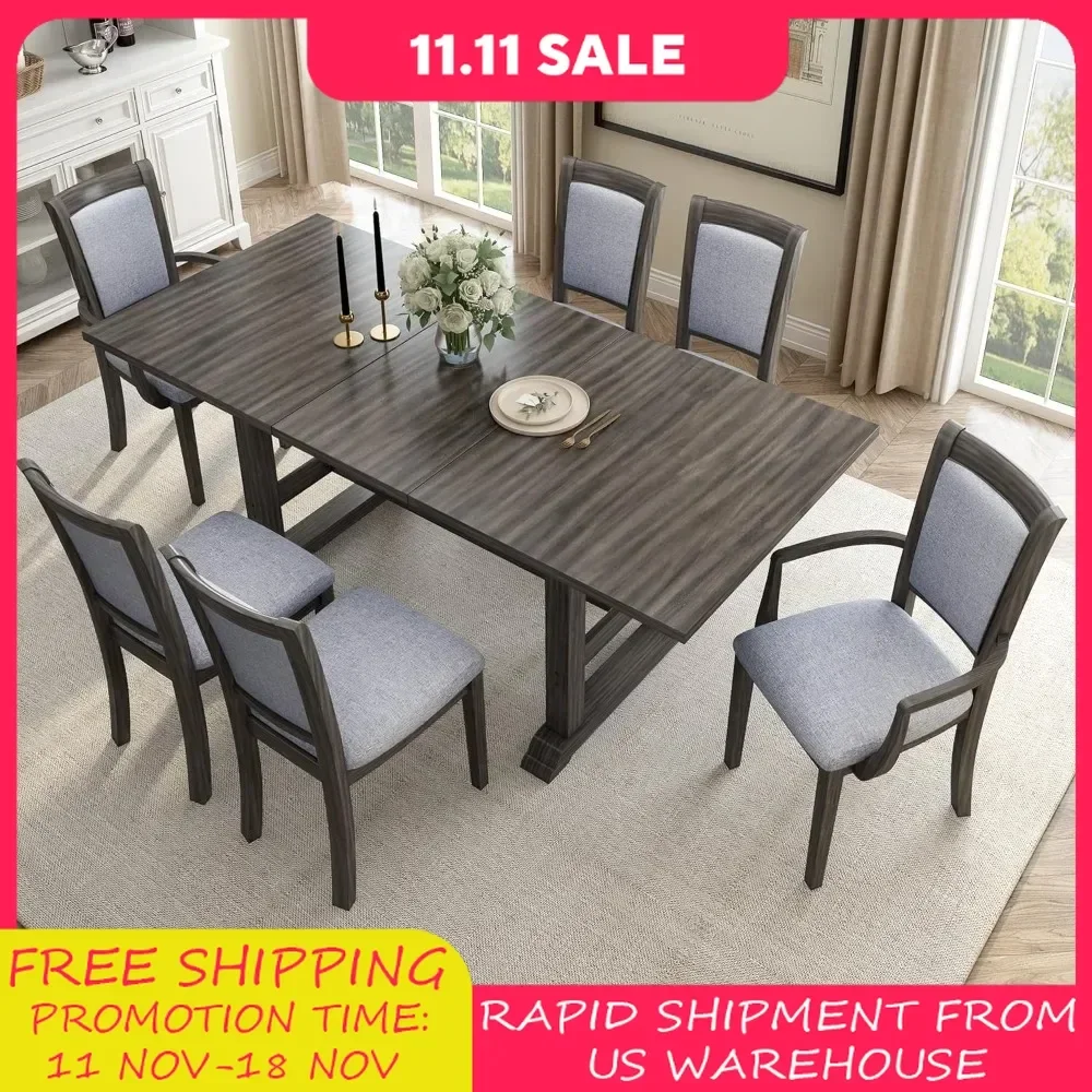 7-Piece Dining Table Set, 76.9inch Extendable Trestle Dining Table with Upholstered Side Chair and Arm Chair, Dining Table Set