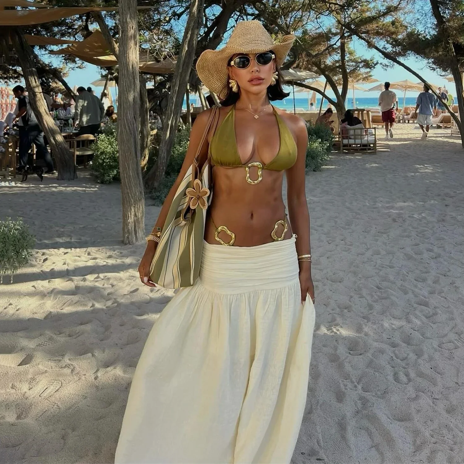 

3 шт., бикини с лямкой на шее и накидкой, пляжная юбка, вырезанный купальник, женский купальник, сексуальный купальный костюм с открытыми плечами, бикини, боди, наряд