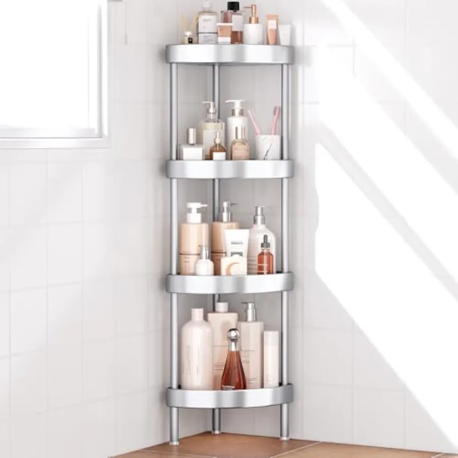 

Corner Shower Caddy Stand-4 Tier Rustproof Anodized Aluminum Standing Shower Organizer-Shower Caddy Corner-Dual Stability to An