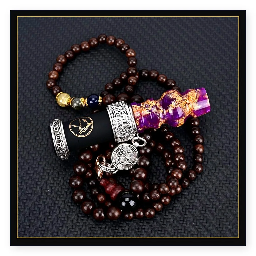 Wolfcoolvape Hookah Holder with Gold Foil Resin Nozzle and Bronze Silver Double Wheel Buckle, Includes Private Wooden Chain