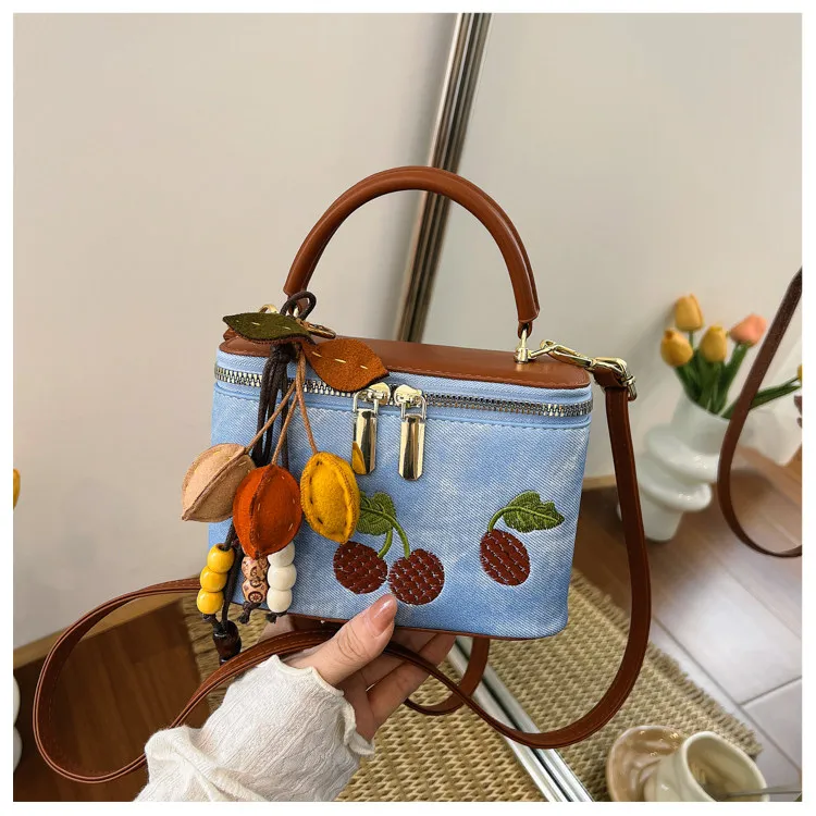 

2026 Spring Summer New Cute Niche Cherry Embroidery Bag, Women Handheld & Crossbody Mini Purse for Work Daily Use