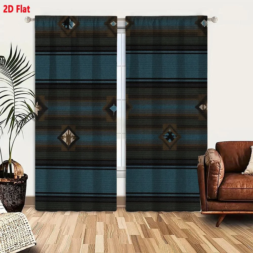 2Pcs Curtains Add 2D Flat Southwestern Native American Style Horizontal Striped Geometric Diamond Medallion Textile Pattern Brow