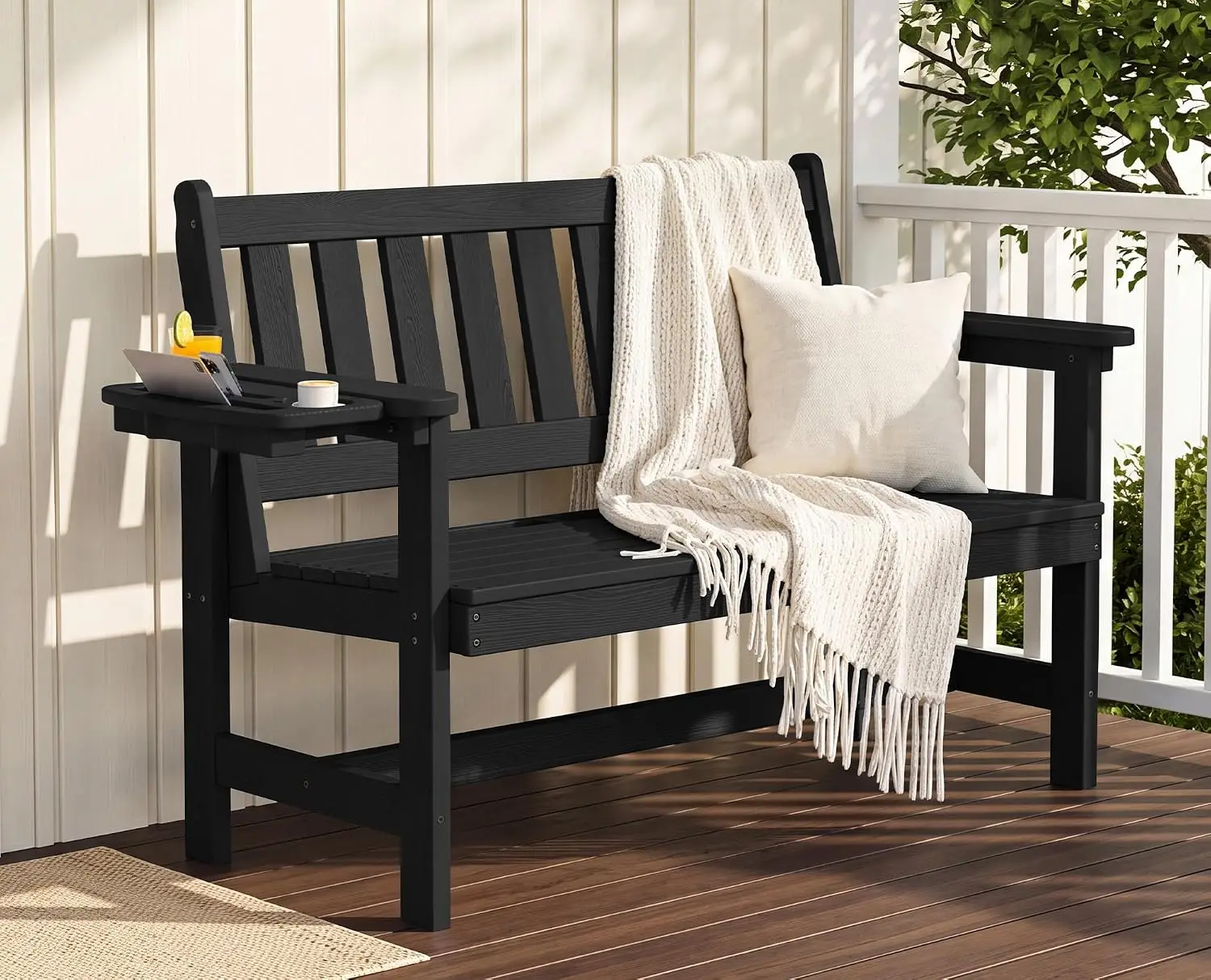 Outdoor Bench Weatherproof Porch Bench Poly Lumber Garden Park Bench 2 Person Patio Seating Bench Backrest Furniture For Yard Deck Lawn Balcony Black 1 Pack