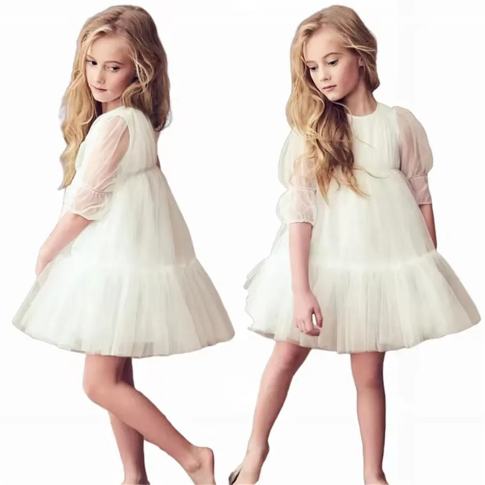 Adorável bebê flor menina vestido branco três quartos em camadas meninas vestidos de casamento da criança tutu outfit crianças vestidos de aniversário