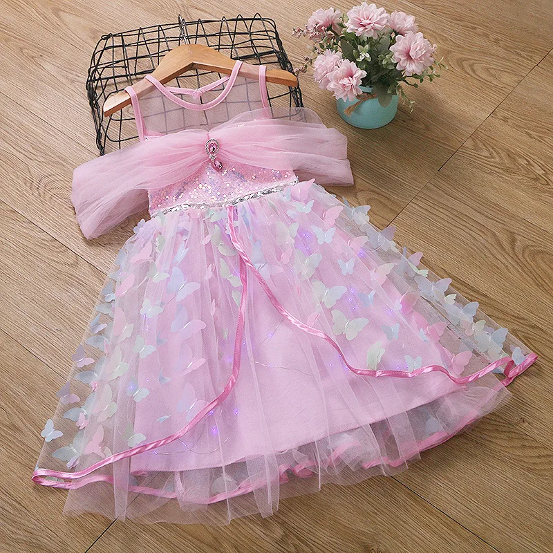 Baby Girls Butterfly Fairy Gauze Princess Dress Lovely Sequin Kids Summer Sleeveless Tulle Dress Child Birthday Party Gown Dress