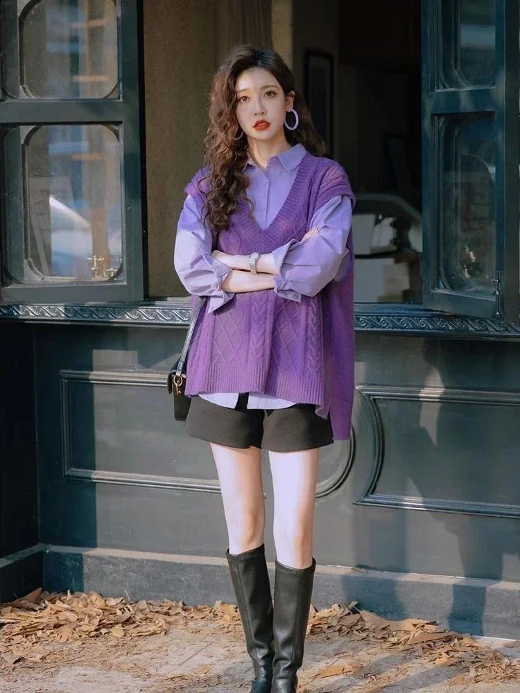 

Waistcoat Purple V-neck Lady Sweaters Loose Pullover Knit Vests For Women Sleeveless Korean Style Clothing Elegant Trend 2024