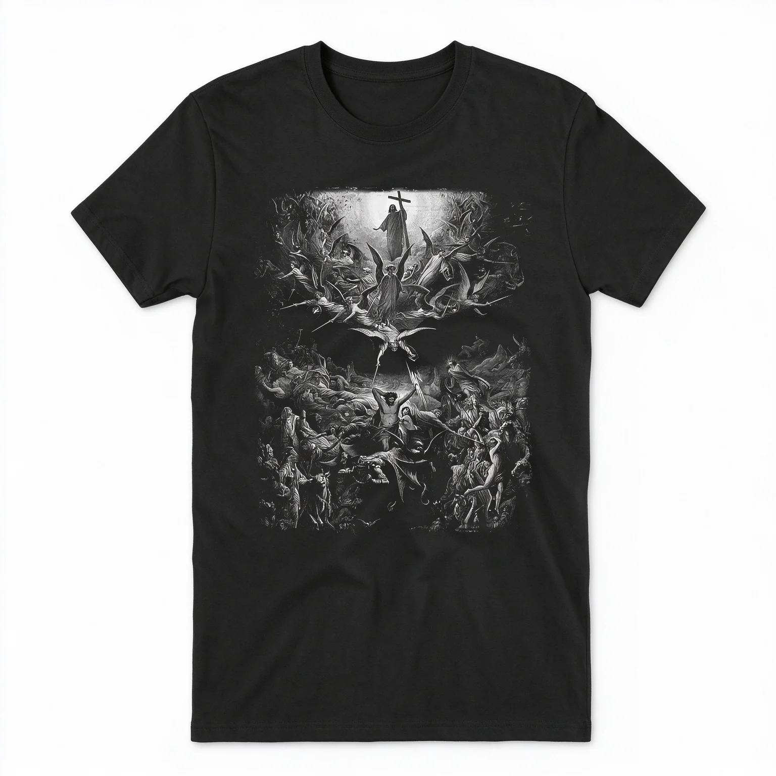 2026 Antique Black White Myth Scene Print T-shirt Cotton Unisex Crew Neck Loose Streetwear Tops