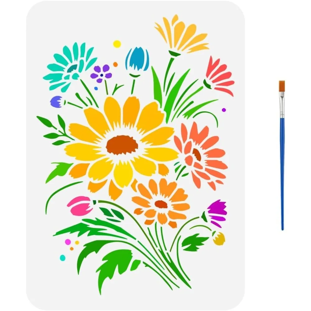 

Daisy Flower Bouquet Painting Stencil with Paint Brush 8.3x11.7inch Hollowed Daisy Flowers Drawing Template Reusable Flowe