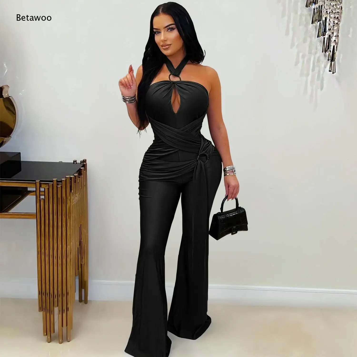 Women Halter Ring Cutout Wrap Ruched Jumpsuit High Waist Flared Long Pants Romper for Night Club Party