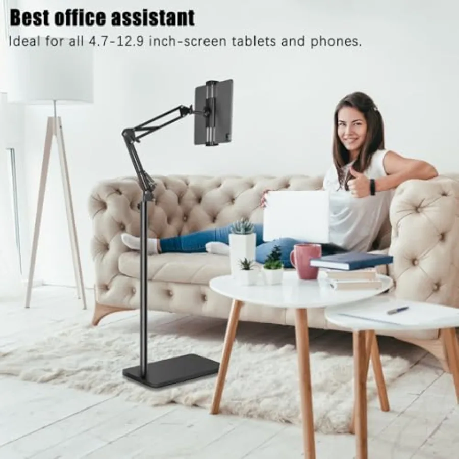 Supporto da pavimento per tablet con doppia base stabile per carichi pesanti da 6,6 libbre, non ribalta mai su altezza regolabile, letto girevole, tablet, telefono S