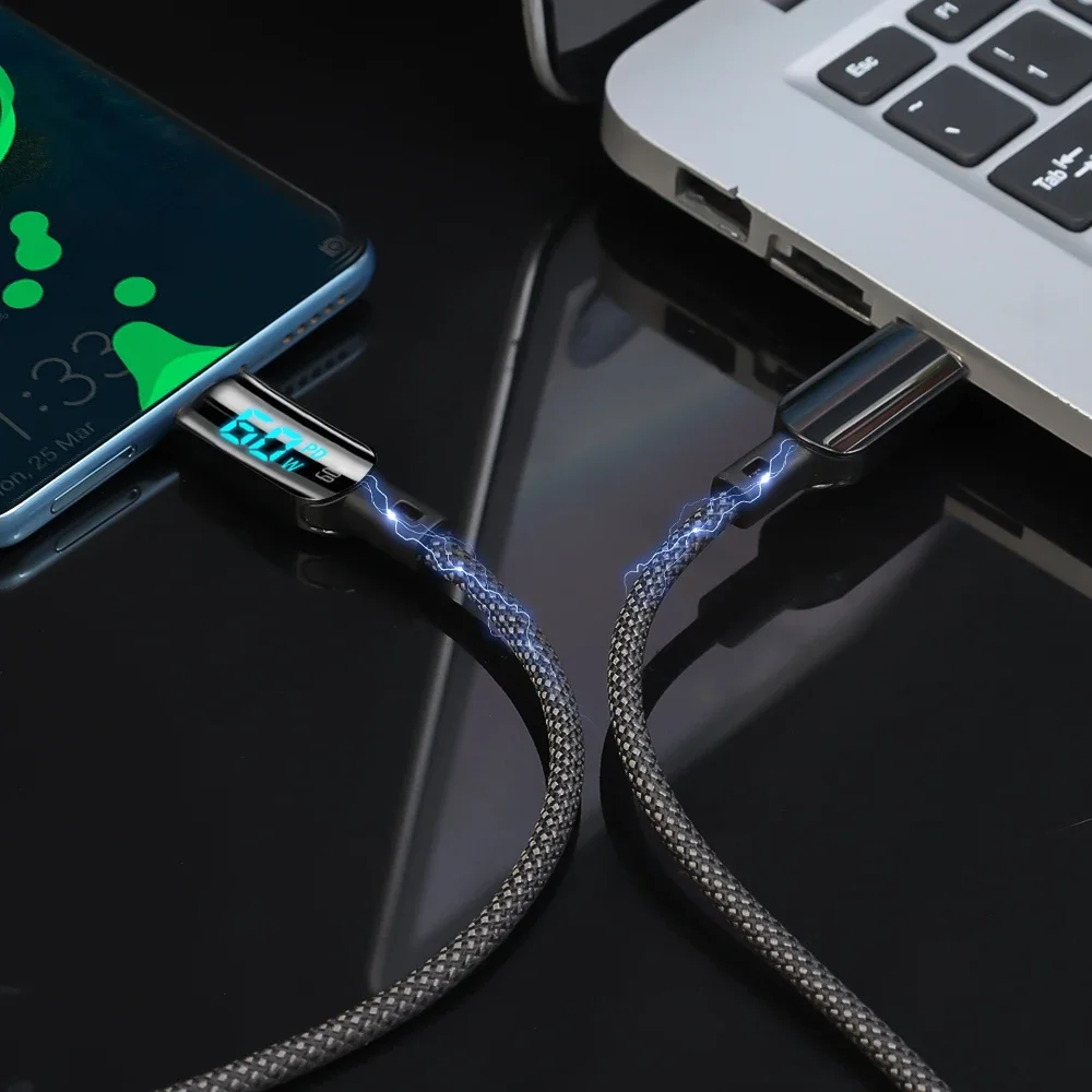 PD60W Super Fast Charging USB C Data Cable LED Display Nylon Braid Dual Type C Charger Wire Cord for IPhone 15 Pro IPad Xiaomi