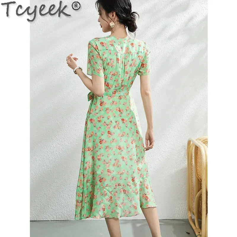 Chic Tcyeek and Elegant Woman French Style Midi es 100% Mulberry Real Silk Clothes Women Summer Floral Dress Vestido