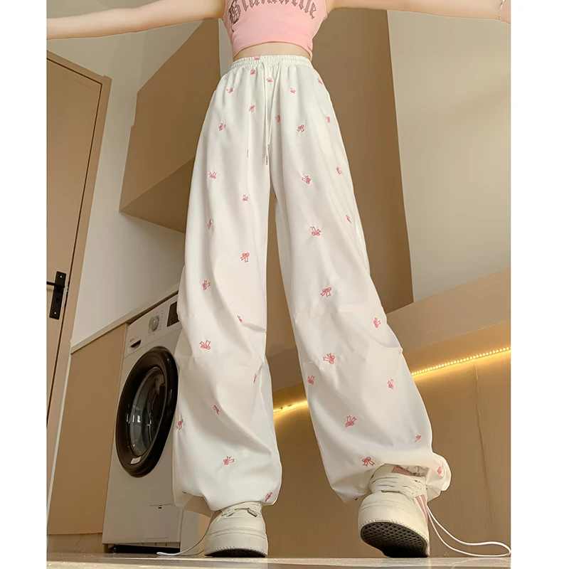 Retro Elastic Waist Embroidered Wide Leg Trousers High Waist Fashion Loose Casual White Cargo Pants Pocket Pants Female 2024 New