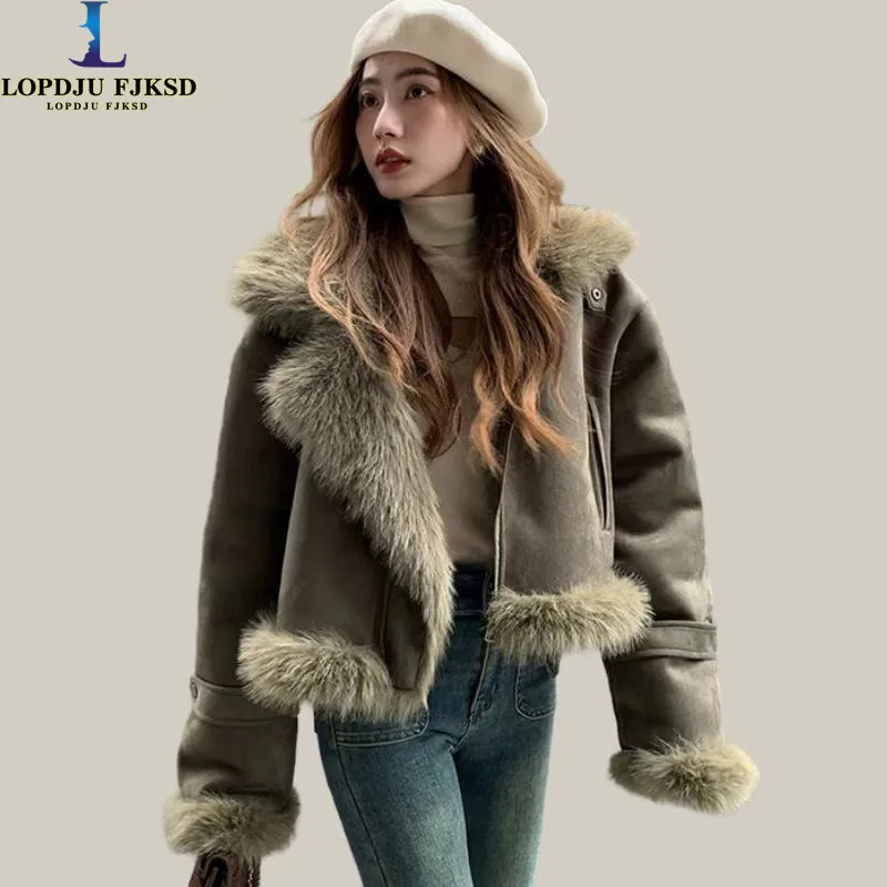 Faux Fur Coats for Women, Turn-down Collar Suede Jacket,Moto,Female Thick Warm Clothes, High Quality,New, Winter