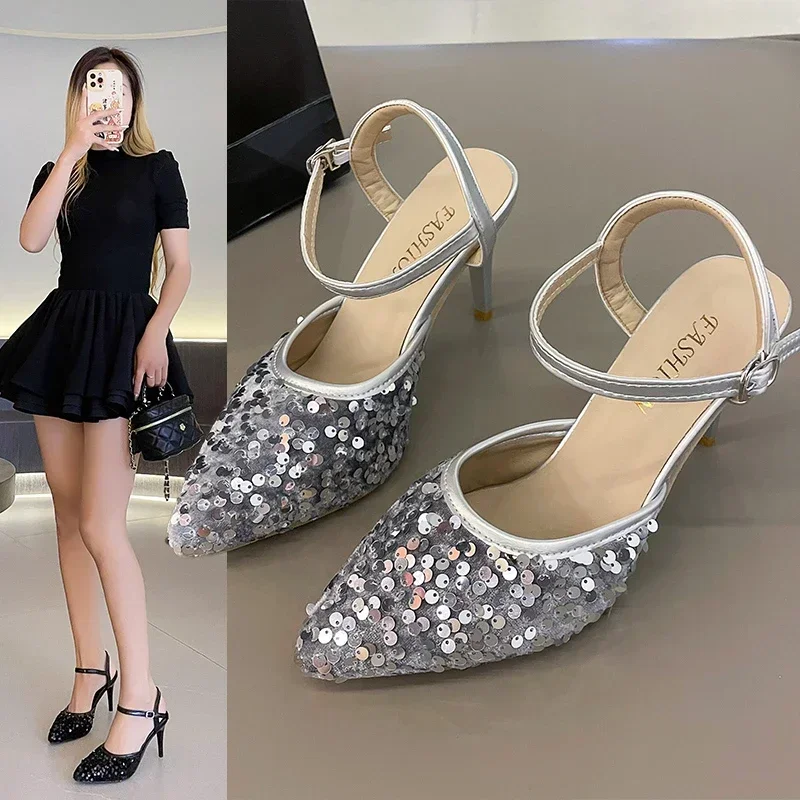 Retro Women Shoes Navy Blue Pumps Summer High Heels 2024 Sandals Ladies Orange Straps Beige Latest Lace African Casual Low Solid