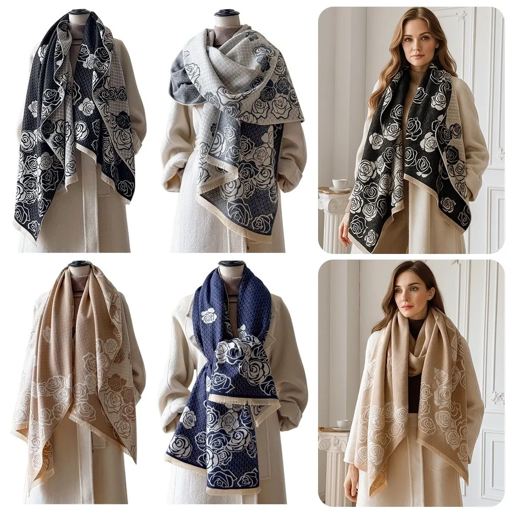 

Elegant Luxury Imitation Cashmere Scarf Thick Soft Fringe Shawl Warm Windproof Blanket Scarf for Women