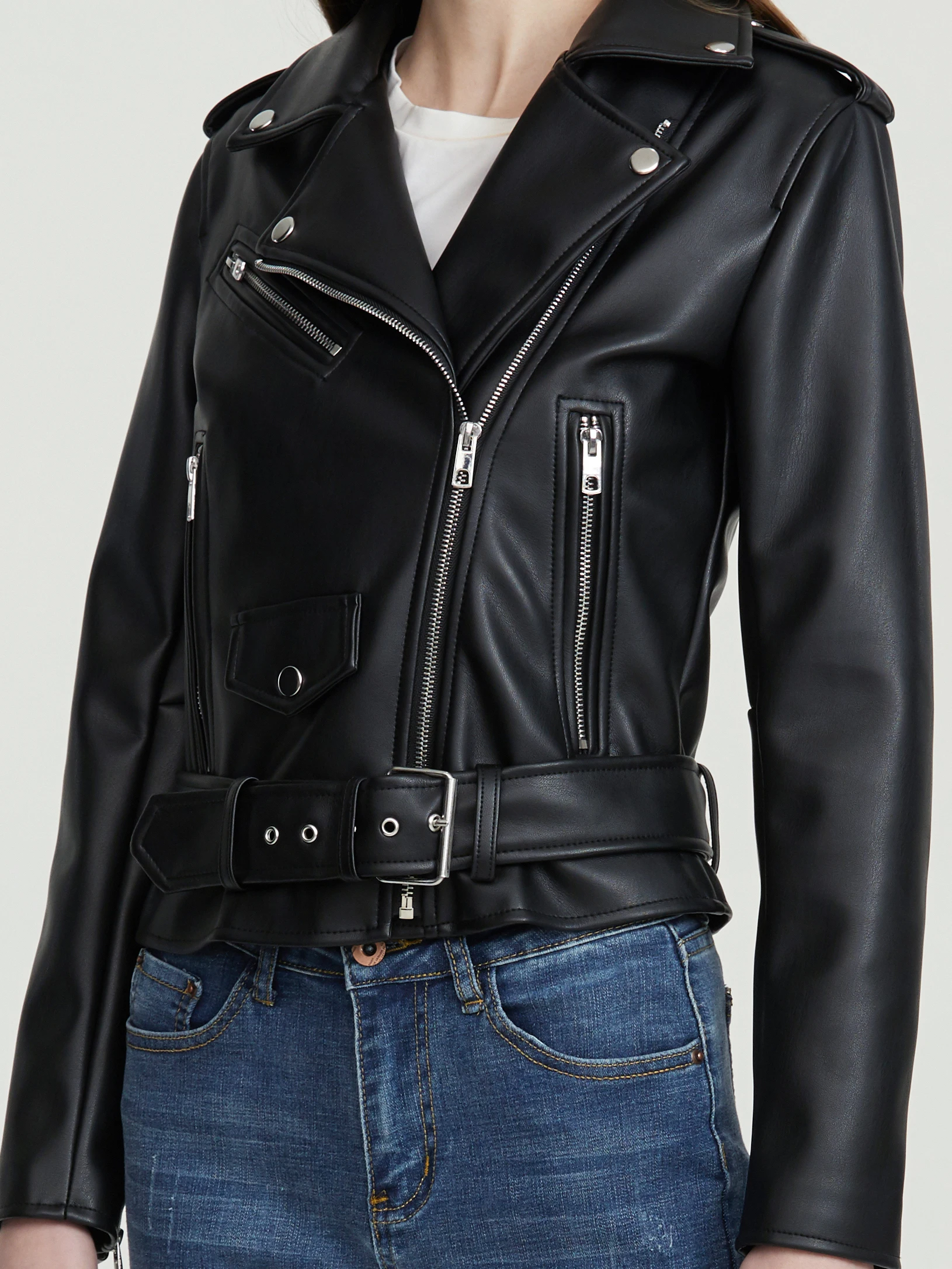 Veste en Faux Cuir de Mouton avec Ceinture pour Femme, Vêtement de Haute Qualité, Souple, avec Fermeture Éclair, pour Moto, Collection Automne Hiver 2023