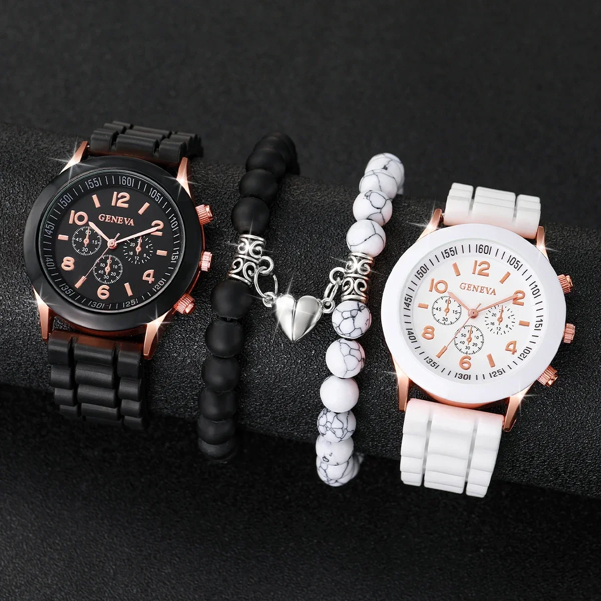 Geneva Silicone Watch Student Sports Women's Sports Watch+Love Magnetic Bead Bracelet