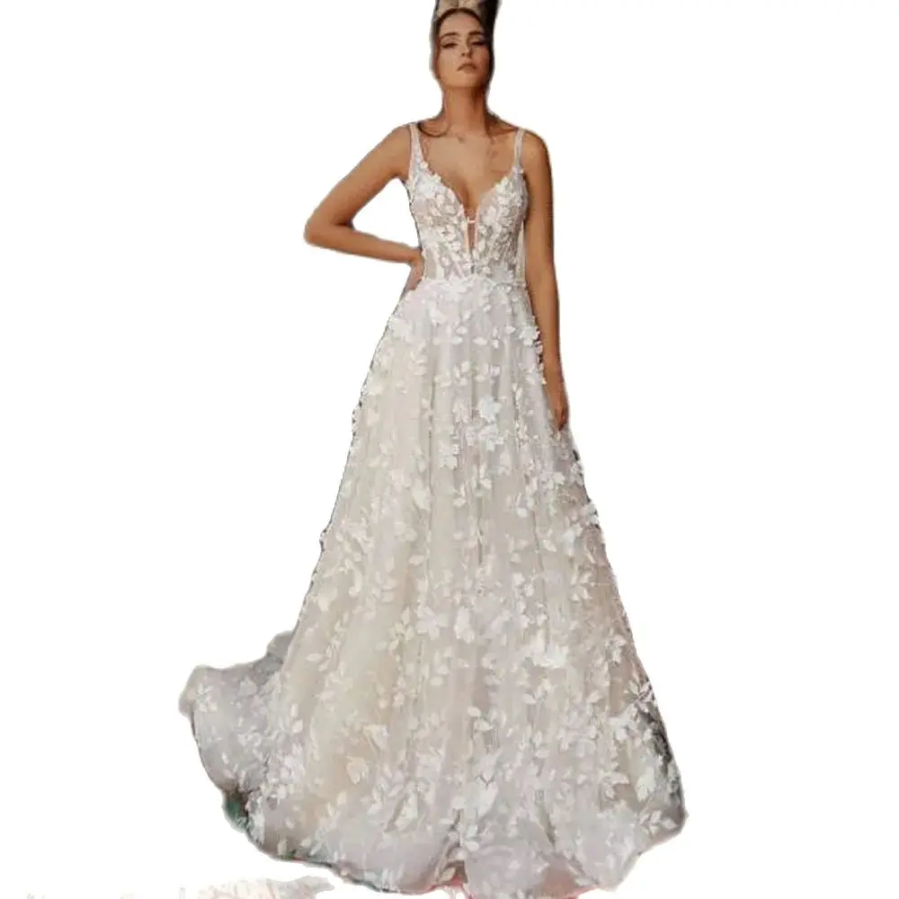 Vestidos de casamento com apliques floridos 3D, vestidos de noiva sem costas, cinta esparguete, decote em v, romântico, personalizado, 2024