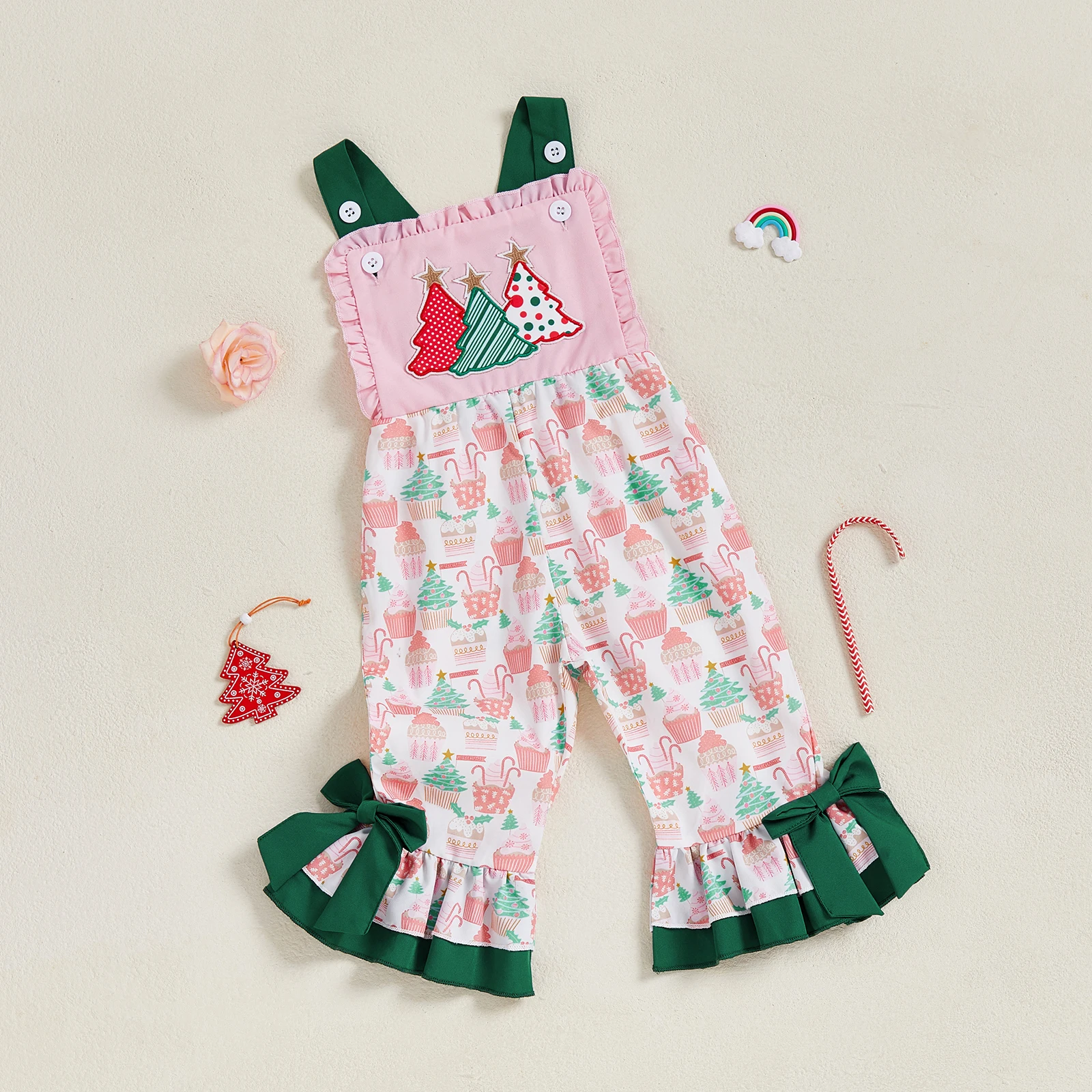 

Toddler Girl Christmas Outfits Cute Christmas Tree Embroidery Suspender Jumpsuit Sleeveless Bell Overalls Pants
