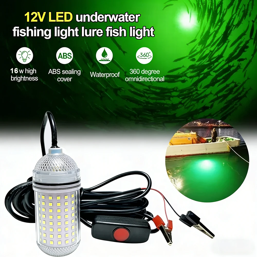 

Светодиодный фонарь для ловли рыбы 12В, 16Вт, IP68, 162 светодиода 2835SMD, привлекает креветки, кальмаров, криля, 3 цвета, светодиодные светильники для бассейнов