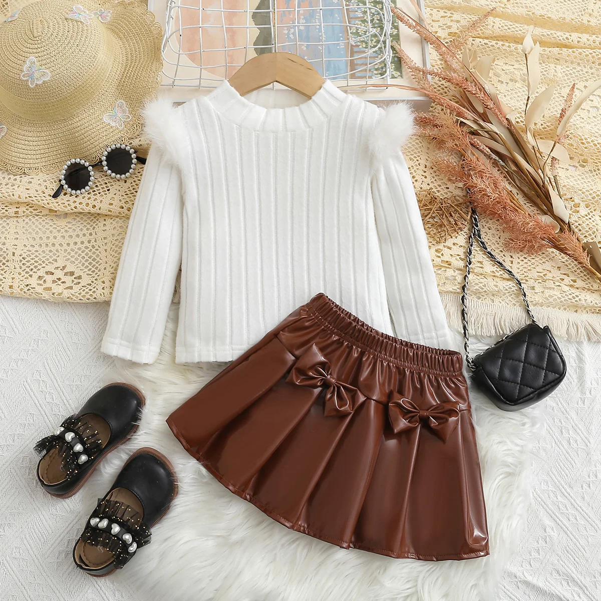 Toddler Girl's Casual Spring & Autumn Outfit: Mock Neck Long-Sleeve Top + Brown Butterfly Print Midi Skirt Set
