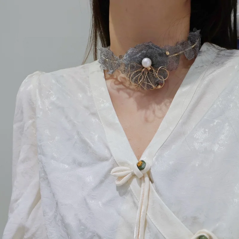 

SGARIT Fine Jewelry Italian Craftsmanship Lace Pearl Jewelry Natural Fresh Water Pearl Choker black and white