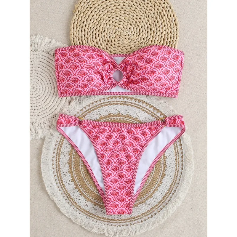 여성 스트랩리스 섹시 비키니 세트 여름 비치 파티 프린트 투피스 수영복 2025 여름 밴도 비치 휴가 수영복