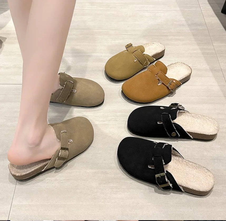 Autumn Suede Half Slippers Classic Women's Flat Clogs Shoes Winter Clogs Fashion women Warm lamb wool Mules Slides Zapatos Muje