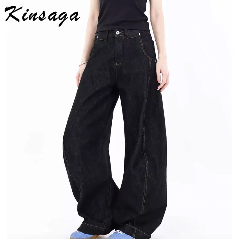 Women American Trendy Brand Cleanfit Barrel Leg Jean Y2K Girls Streetwear Black Wide Leg Twist Banana Jeans Baggy Trousers