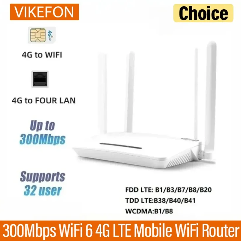 4 LAN Ports 4G WiFi Router 300Mbps SIM Card Wireless Gateway Support 32 Devices Home Office Shop Small Business Internet Router