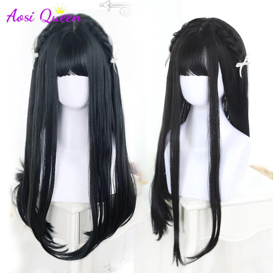 AOSI  Long Straight Hair Black Synthetic Lolita Wigs with Bangs for Women Fashion Female Cosplay Party Christmas Wigs