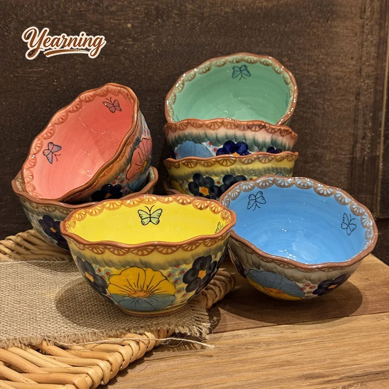 5 Inch Beautiful Underglaze Floral Edge Ceramic Rice Soup Bowl for Home Kitchen Tableware Gift Decor
