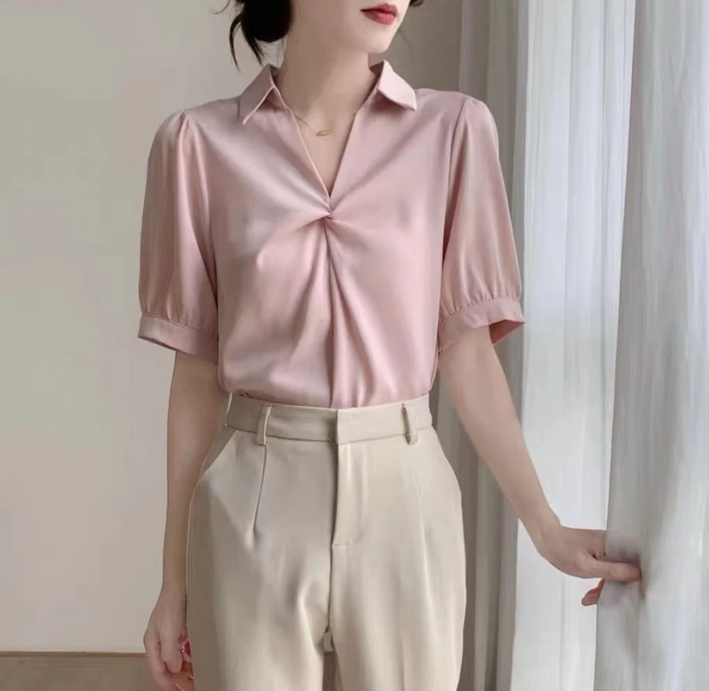 Summer Women\'s Short Sleeve V-neck French Bubble Sleeve Solid Color Pleated Chiffon Shirt Blouse Ladies Tops Female Clothes New