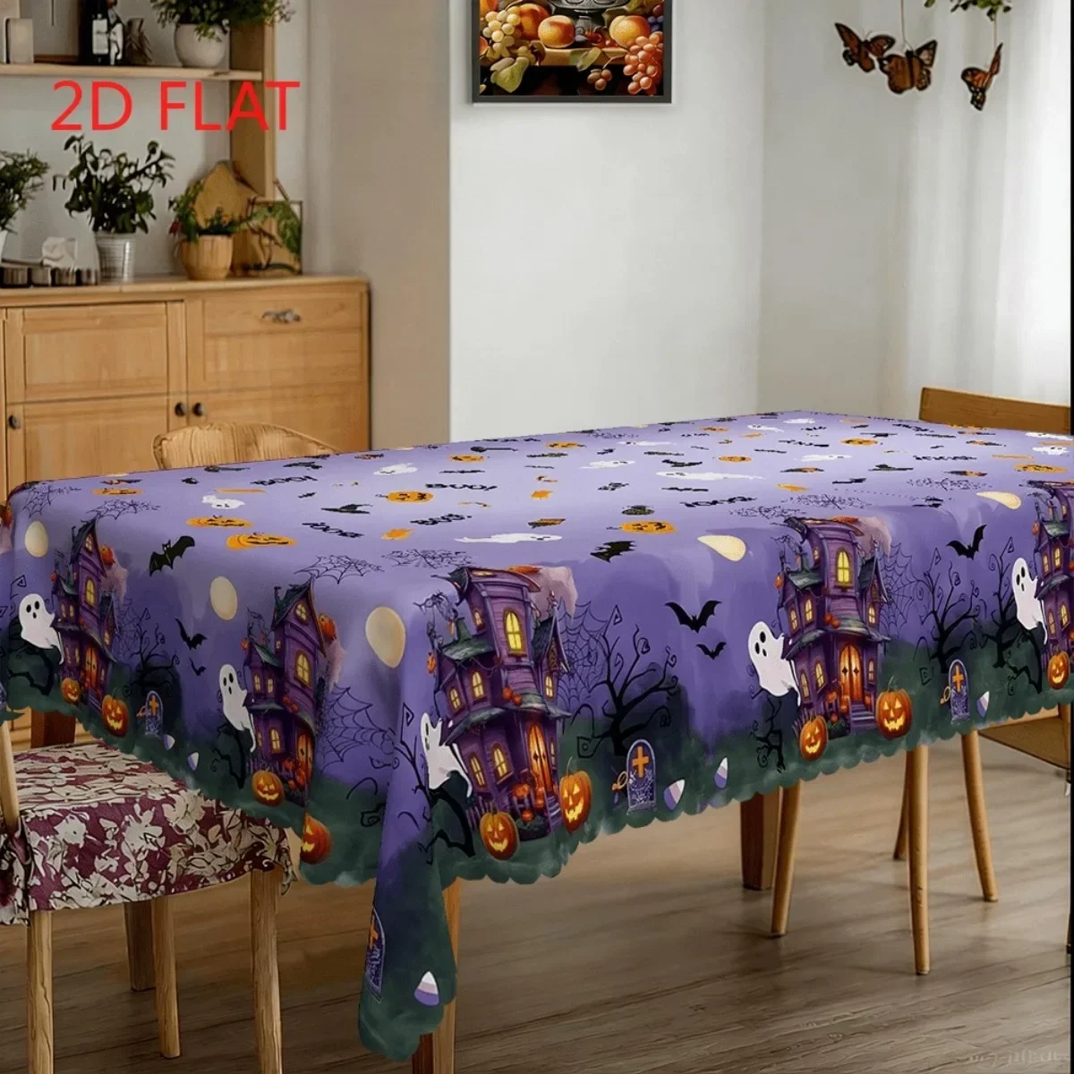 Tablecloth 1 piece 2d flat with purple castle ghost pumpkin bat full moon tombstonezyc