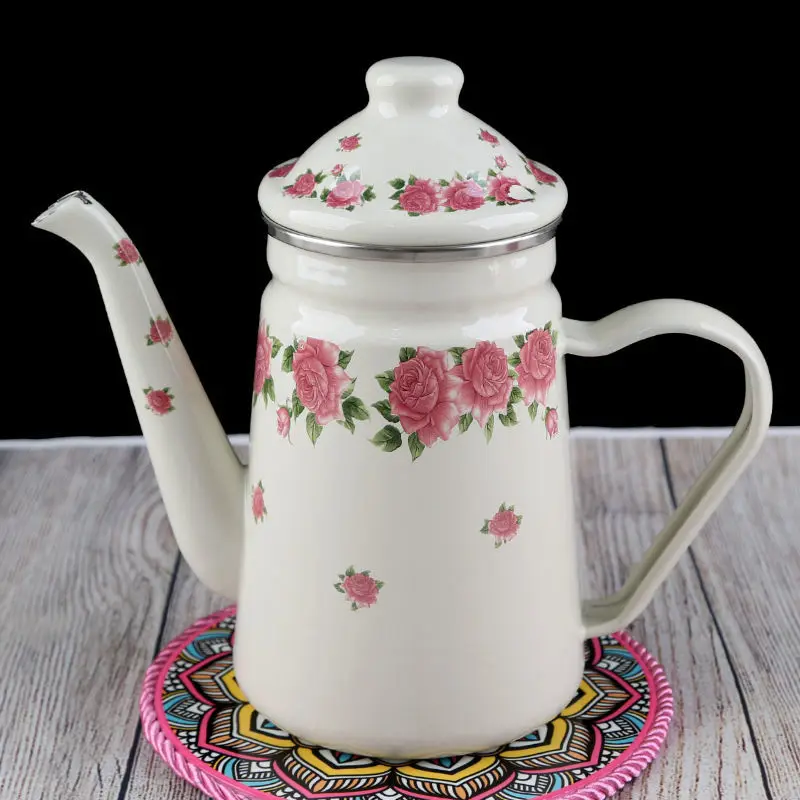 1.2L Heatable Enamel Pot Household Teapot Coffee Pot Fruit Teapot Ethnic Style Kitchen Restaurant Enamel Cup