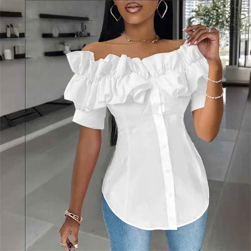 Elegant Pleated Ruffle Decoration One-line Neck Shirt Women Single-breasted Cardigan Blouse Female Sweet Style Short Sleeve Tops