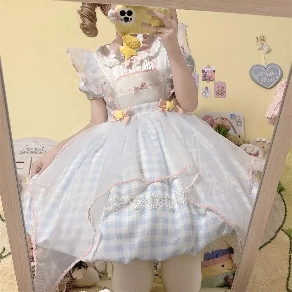 

NONSAR летнее милое платье в стиле Лолиты для девочек, женское милое платье в клетку с кукольным воротником Kawaii, звездным бантом и короткими рукавами, с кружевным фартуком