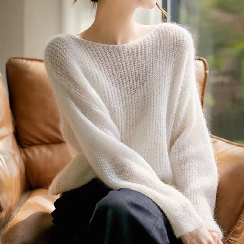 

Drop Shoulder Knit Sweater Lightweight Long Sleeve Boat Neck Plain Jumper Women's Pullover Casual Chic Outfit