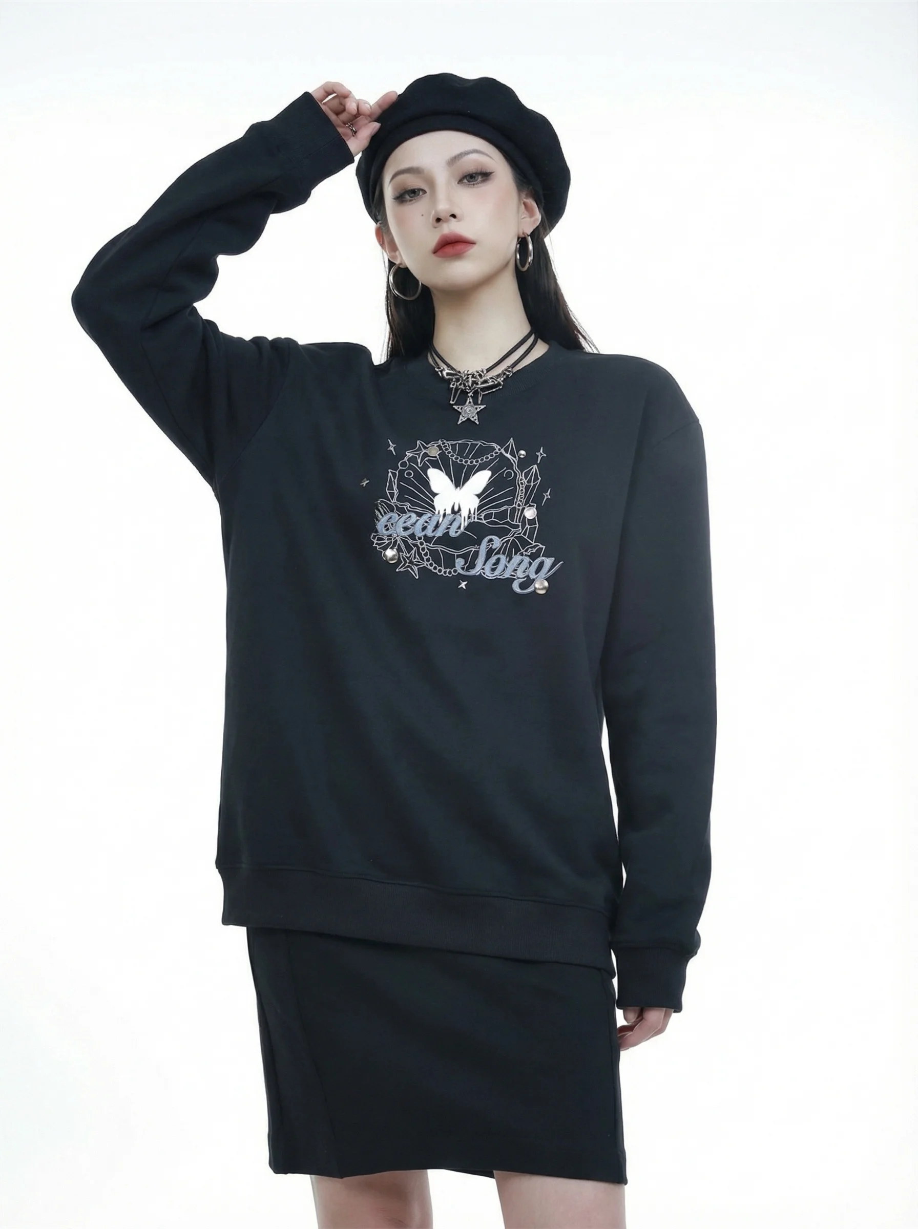 

Casual round Ne Sweatirt Loose Fit Two-Piece Set with f Skirt Loose Comfortable Autumn Spring Faion for Middle-Aged ...