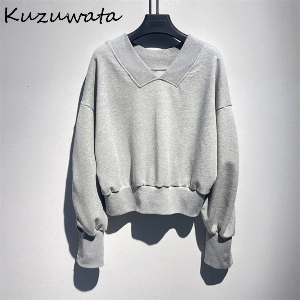 Kuzuwata Casual Minority V Neck Lantern Sleeve Sweatshirt Loose All-match Pullover Lazy Patchwork Hoodie Japan Moda Jacket Women