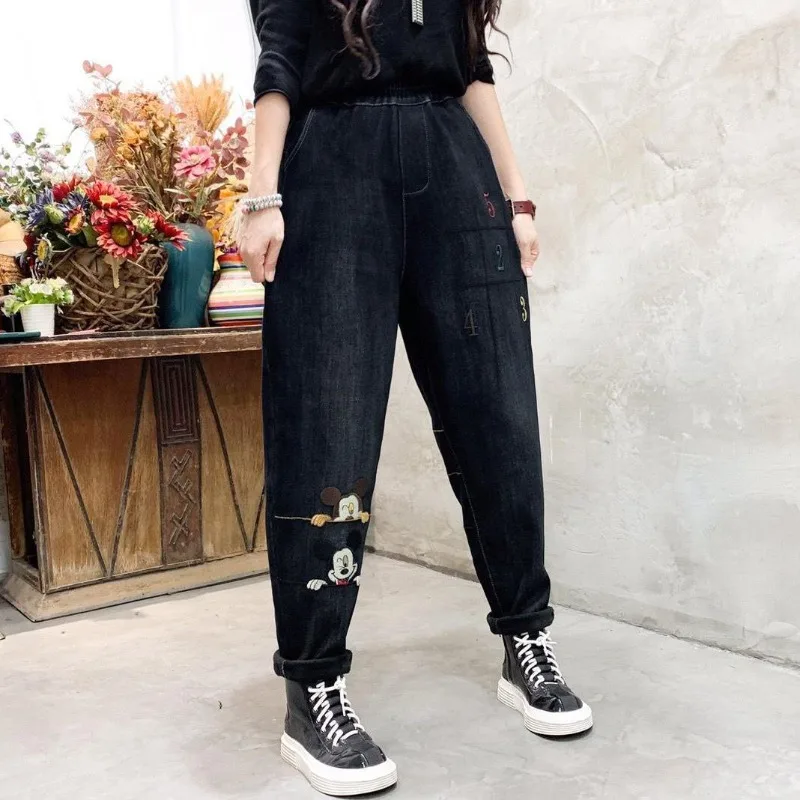 

Mickey Embroidered Jeans Women Spring Summer Curvy Fit Elastic Waist Loose Stretch Vintage Washed Harem Pants Versatile Denim