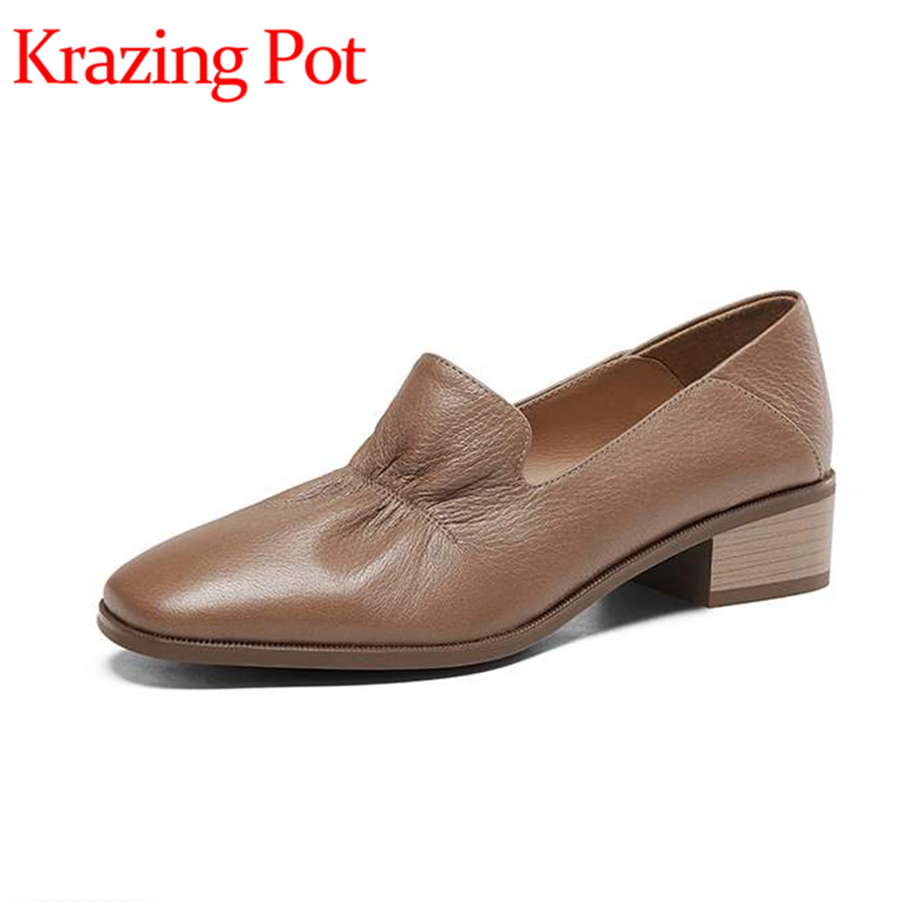 Krazing Pot Sheep Leather Low Heels Spring Summer Round Toe Business Casual Women Pleated Soft Leather Flounce Deep Mouth Pumps