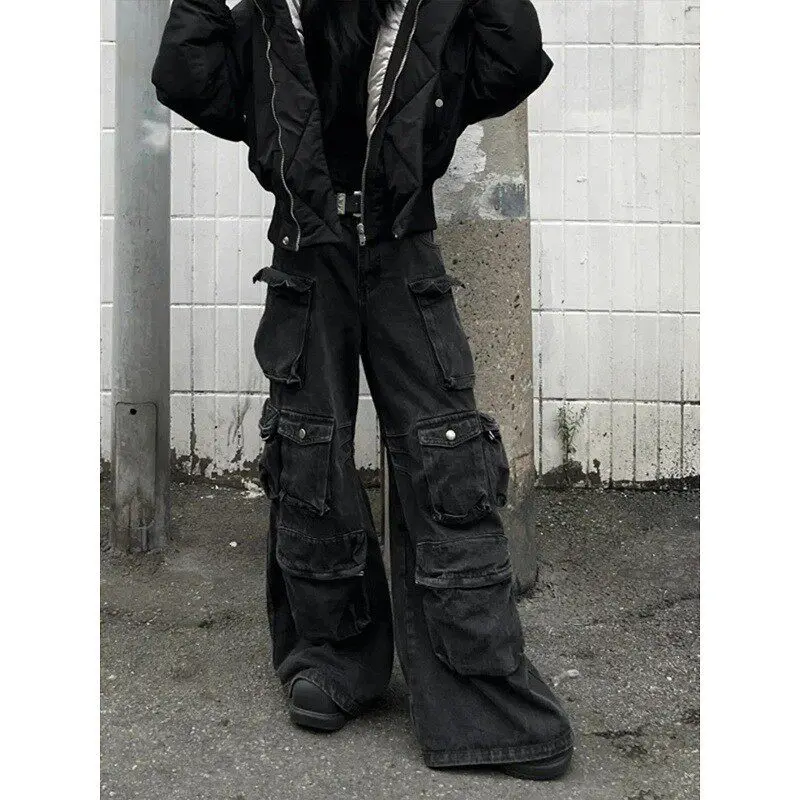 American Style Heavy Duty Multi Pocket Patchwork Design Casual Men's Workwear Jeans Bell Bottoms Straight Leg Straight Cut