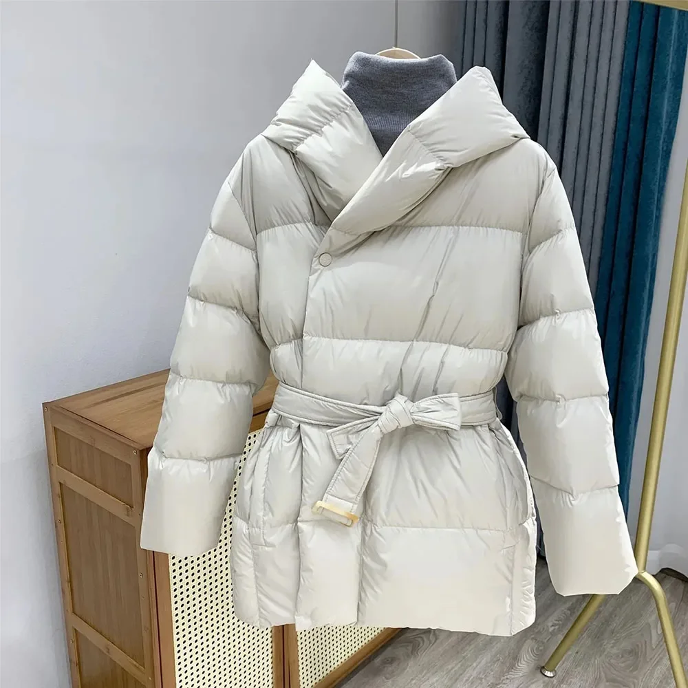 Winter Hooded Women's Down Jackets Ultra Light Warm Casual Lace-up Coat Female Puffer Jacket With Belt Elegant Parka Overcoat