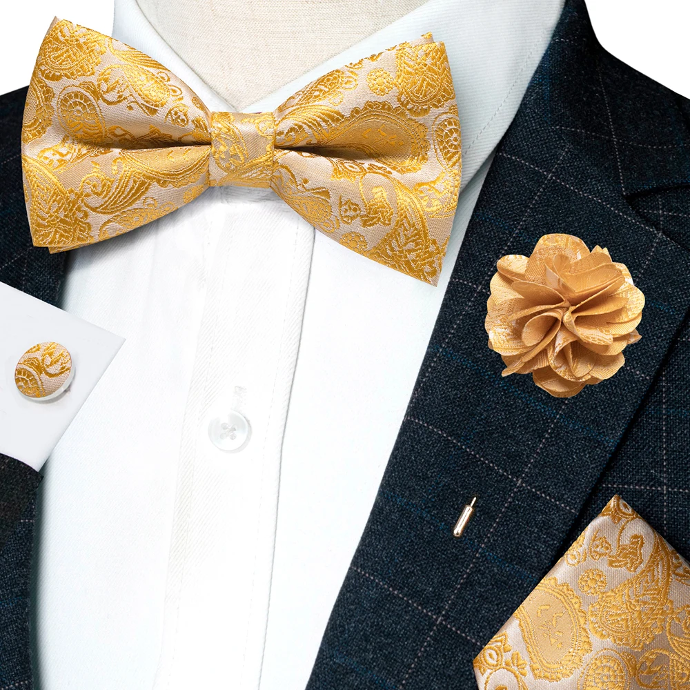 Champagner-Seiden-Jacquard-Paisley-Fliege für Herren, Brosche, Einstecktuch, Manschettenknöpfe-Set, vorgebundene Fliege mit Schmetterlingsknoten für Männer, Hochzeit, Geschäft – Detail 21