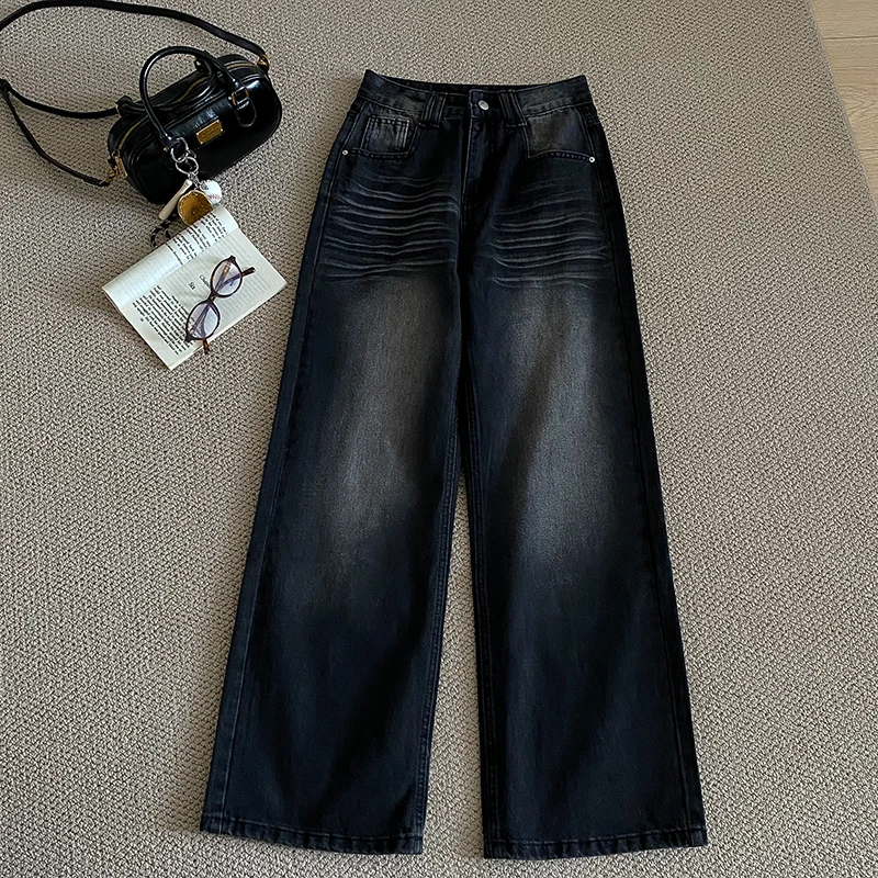 

Vintage Washed Bleached Denim Pants Women's Versatile High Waist Loose Wide Leg Jeans 2025 Autumn New Casual Straight Trousers